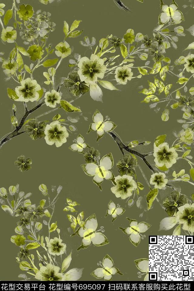 手绘抽象花卉数码印花花型下载（图片编号: 695097） - 瓦栏（Walan）