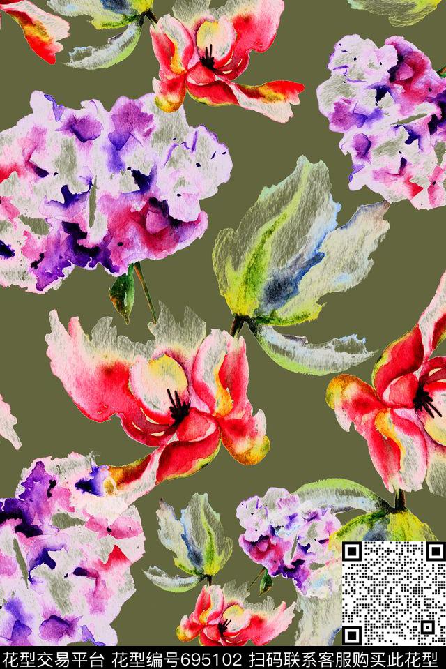 手绘抽象花卉数码印花花型下载（图片编号: 695102） - 瓦栏（Walan）