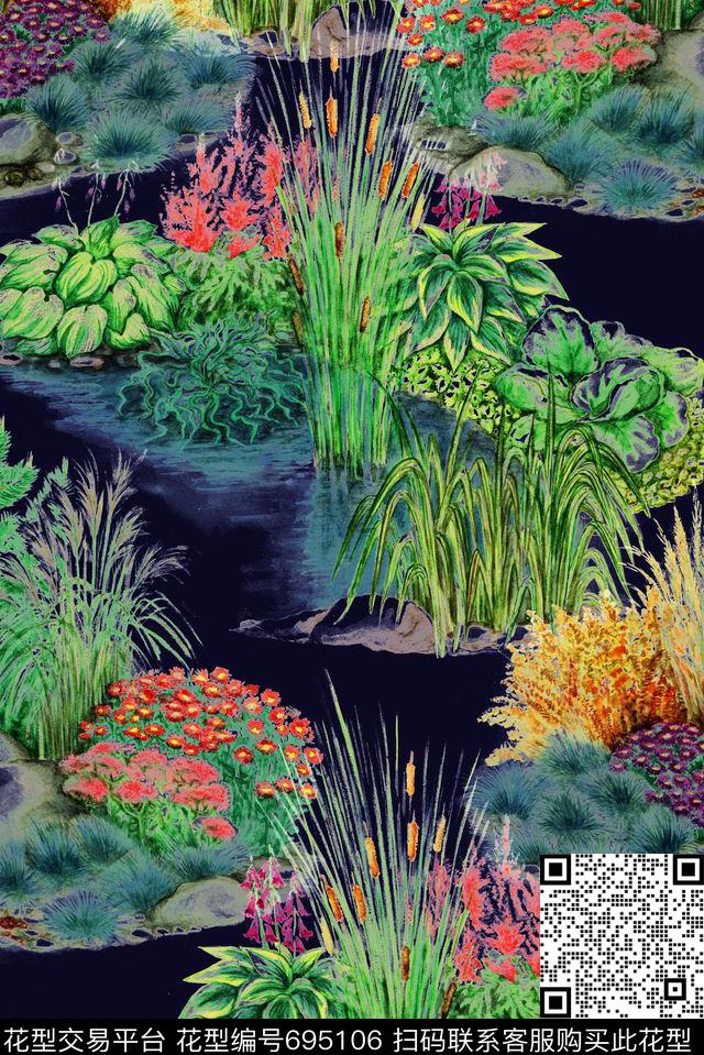 手绘抽象花草数码印花花型下载（图片编号: 695106） - 瓦栏（Walan）