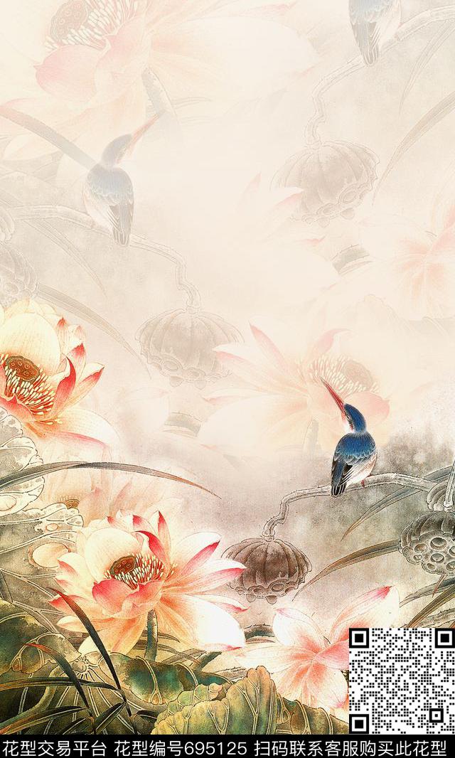 0817中国风定位花-1.jpg - 695125 - 定位荷花 水墨花卉 - 数码印花花型 － 女装花型设计 － 瓦栏