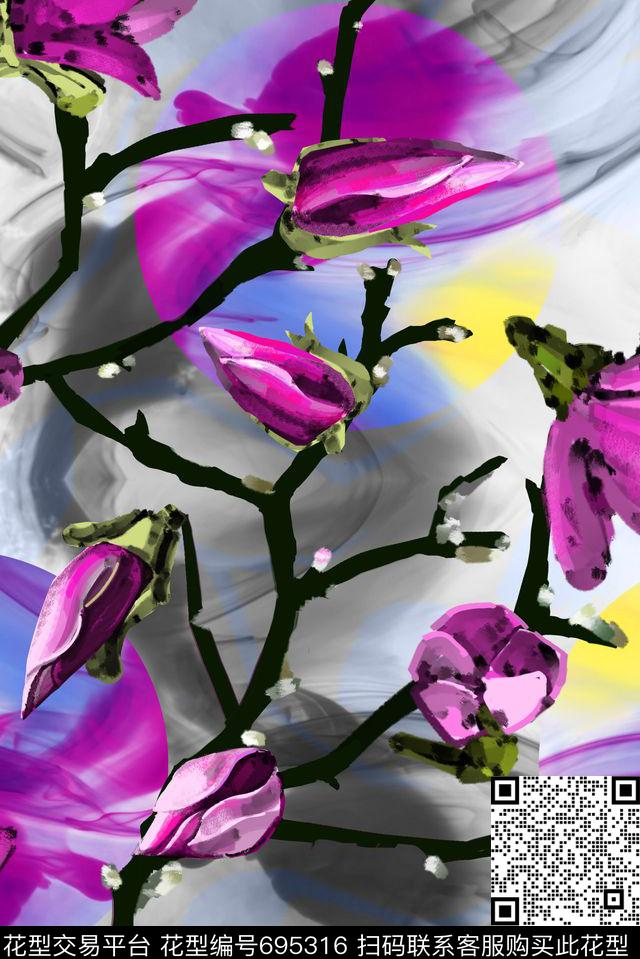 时尚中国风情迷花卉月数码印花花型下载（图片编号: 695316） - 瓦栏（Walan）