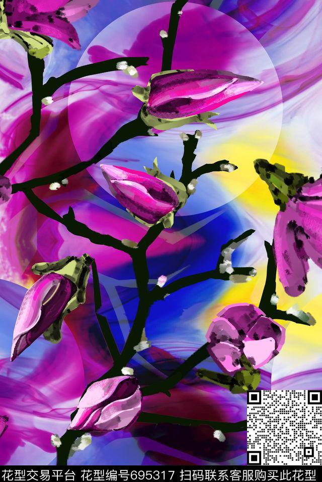 时尚中国风情迷花卉月数码印花花型下载（图片编号: 695317） - 瓦栏（Walan）