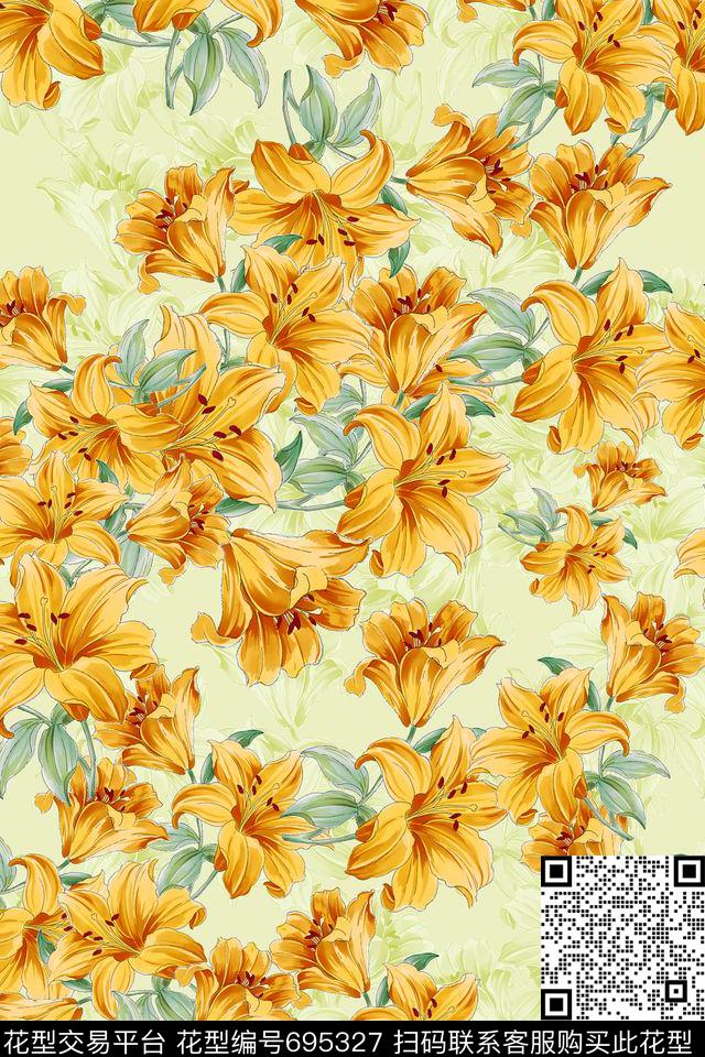 向日葵碎碎花卉花卉数码印花花型下载（图片编号: 695327） - 瓦栏（Walan）