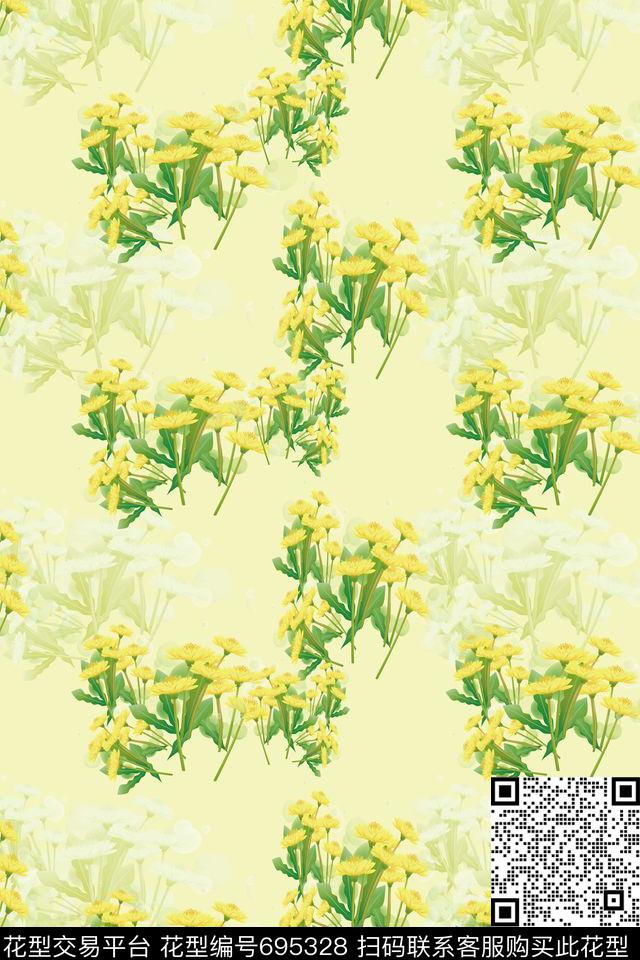 向日葵碎碎花卉花卉数码印花花型下载（图片编号: 695328） - 瓦栏（Walan）
