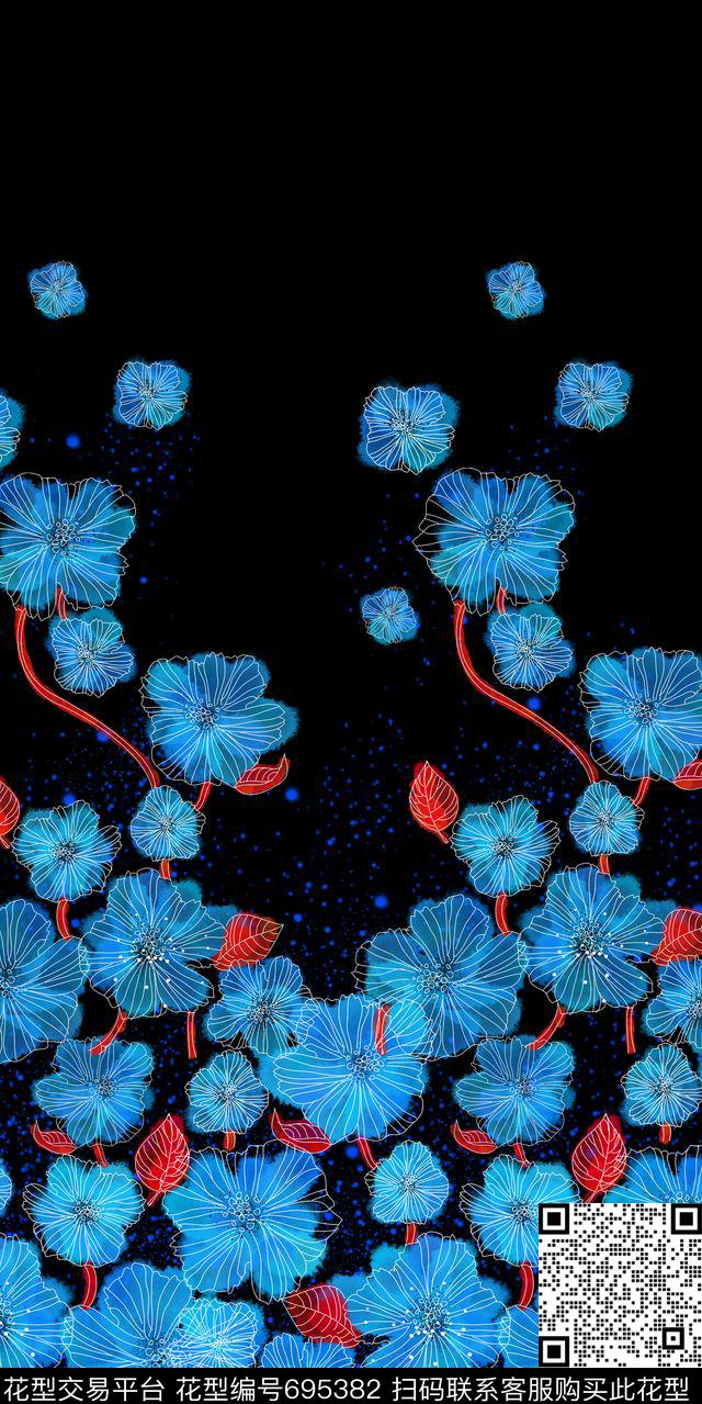 花卉单边定位女装数码印花花型下载（图片编号: 695382） - 瓦栏（Walan）