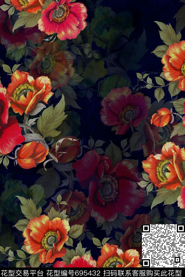 菊花大花花朵数码印花花型下载（图片编号: 695432） - 瓦栏（Walan）