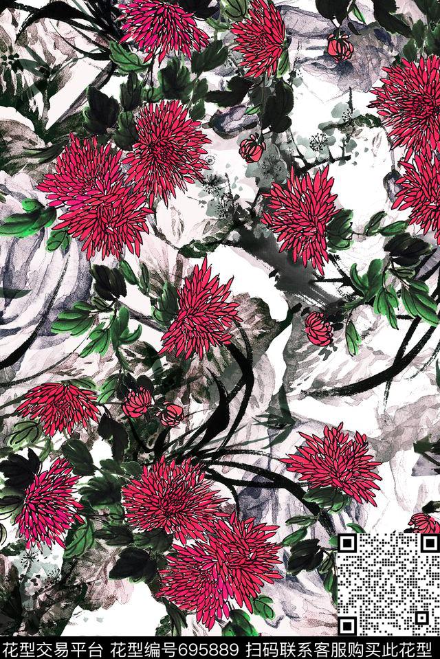 手绘花卉菊花数码印花花型下载（图片编号: 695889） - 瓦栏（Walan）