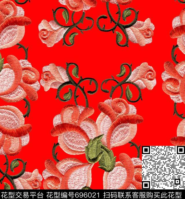 中国风花卉刺绣数码印花花型下载（图片编号: 696021） - 瓦栏（Walan）