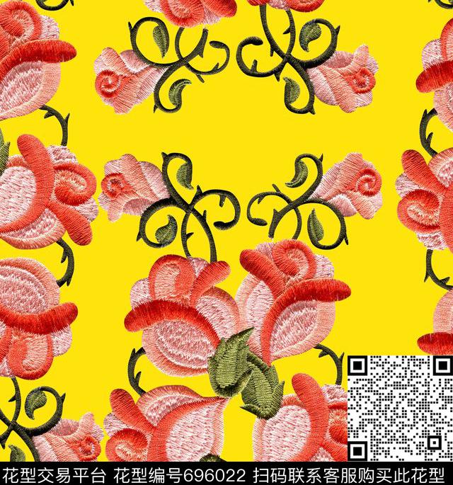 中国风花卉刺绣数码印花花型下载（图片编号: 696022） - 瓦栏（Walan）