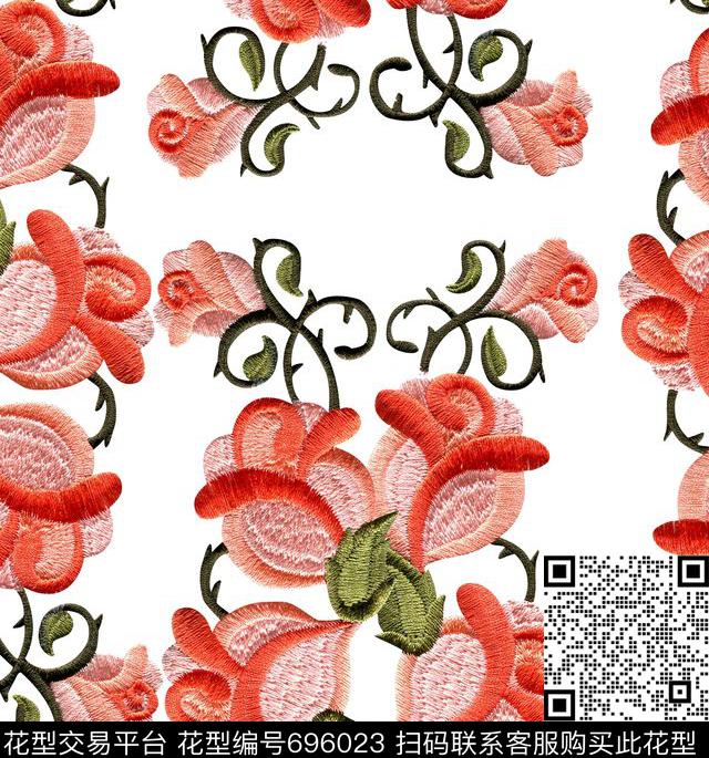 中国风花卉刺绣数码印花花型下载（图片编号: 696023） - 瓦栏（Walan）