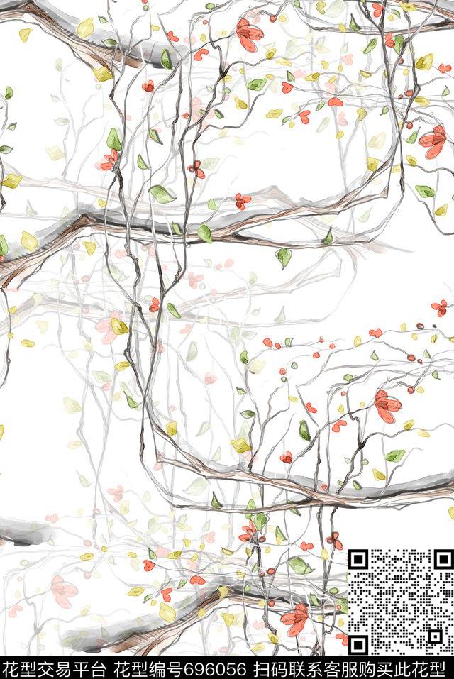 小碎花树叶植物数码印花花型下载（图片编号: 696056） - 瓦栏（Walan）