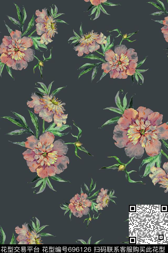 手绘半透明花卉数码印花花型下载（图片编号: 696126） - 瓦栏（Walan）
