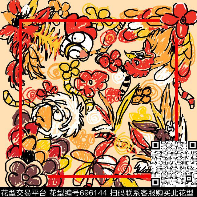 公鸡.jpg - 696144 - 中国风 趣味 流行 - 传统印花花型 － 方巾花型设计 － 瓦栏