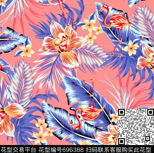 热带兰花火烈鸟-Color 2.tif - 696388 - 火烈鸟 时尚泳装 热带花型 - 传统印花花型 － 女装花型设计 － 瓦栏