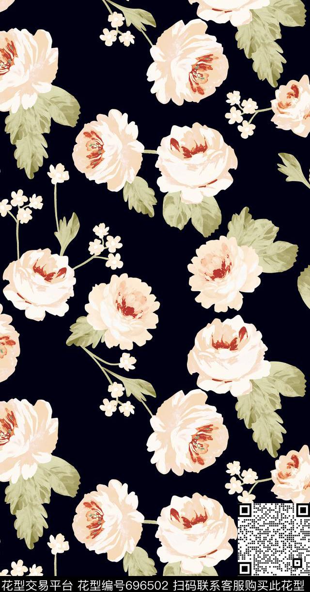 水彩玫瑰08977.tif - 696502 - 水彩花卉 玫瑰 随意 - 数码印花花型 － 女装花型设计 － 瓦栏