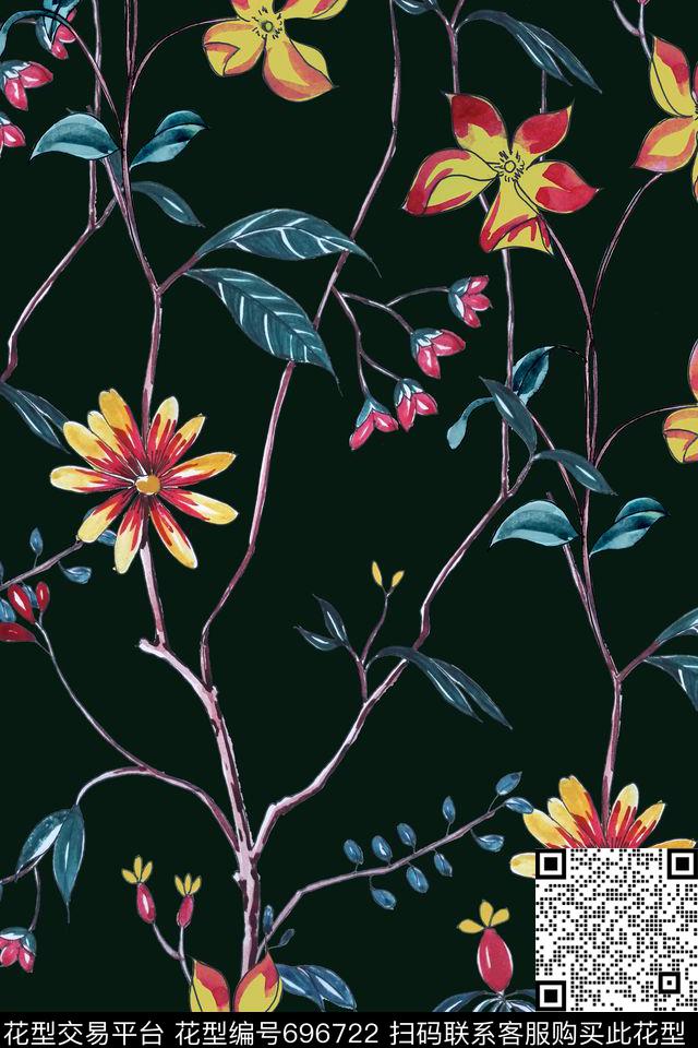 手绘清爽连枝花传统印花花型下载（图片编号: 696722） - 瓦栏（Walan）