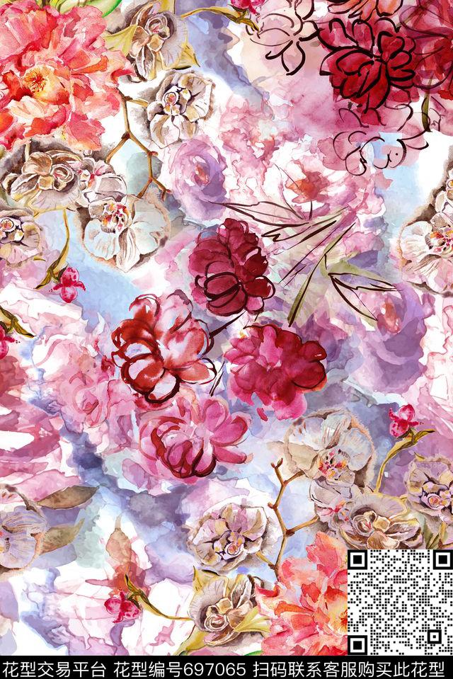 手绘花卉泼墨数码印花花型下载（图片编号: 697065） - 瓦栏（Walan）
