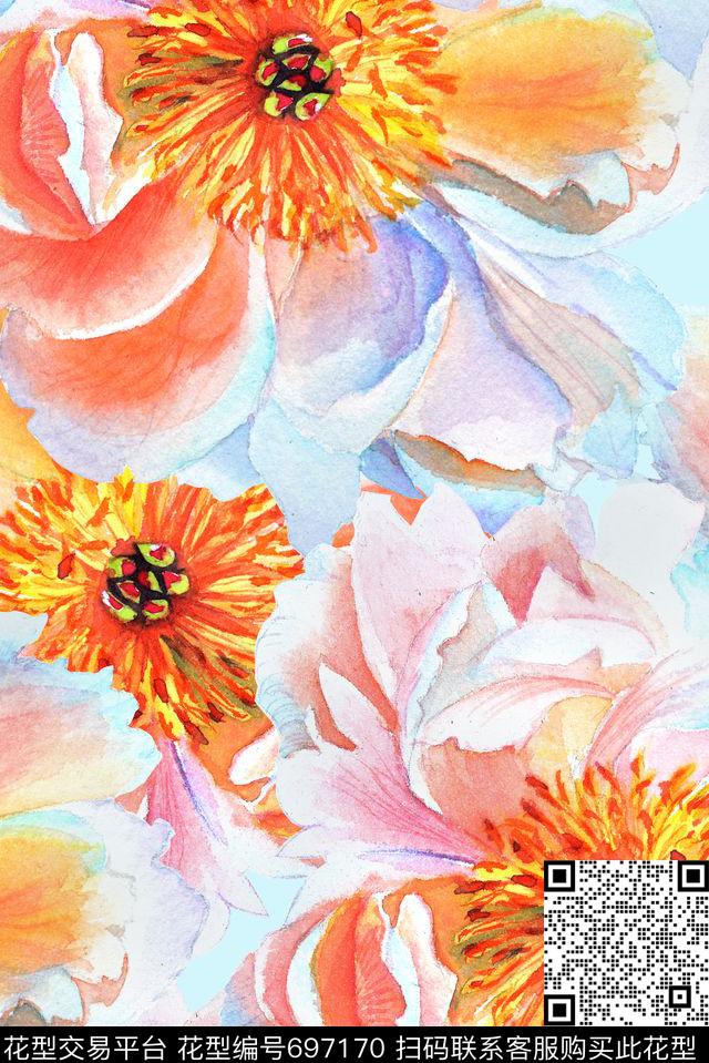 手绘绽放大朵数码印花花型下载（图片编号: 697170） - 瓦栏（Walan）
