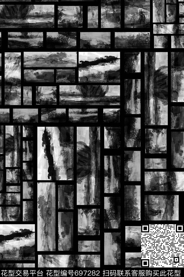 风景油画几何数码印花花型下载（图片编号: 697282） - 瓦栏（Walan）