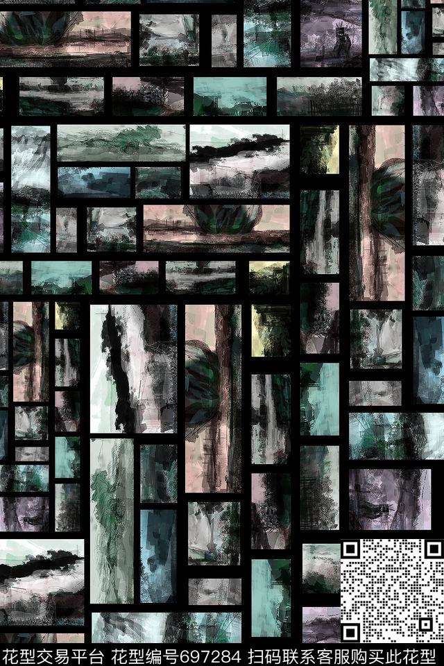 风景油画几何数码印花花型下载（图片编号: 697284） - 瓦栏（Walan）