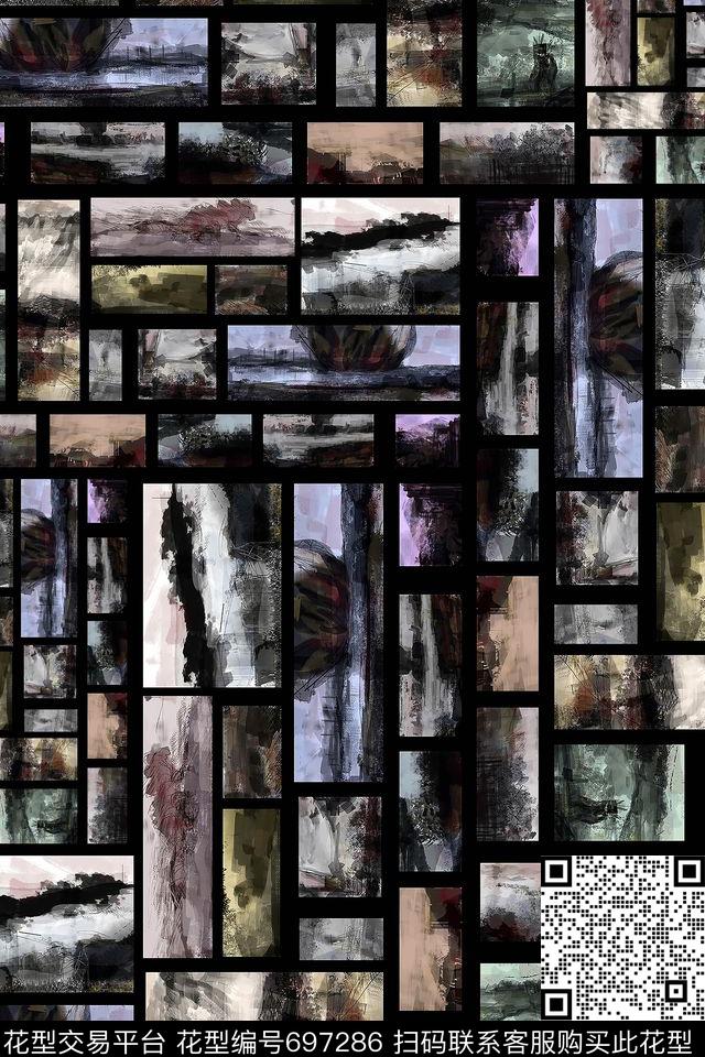风景油画几何数码印花花型下载（图片编号: 697286） - 瓦栏（Walan）