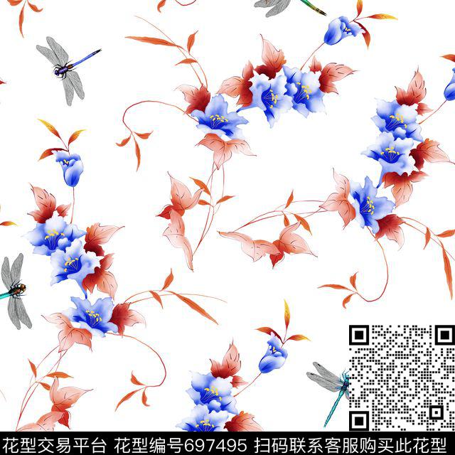 手绘百合蜻蜓.jpg - 697495 - 手绘花 百合花 蜻蜓 - 数码印花花型 － 女装花型设计 － 瓦栏