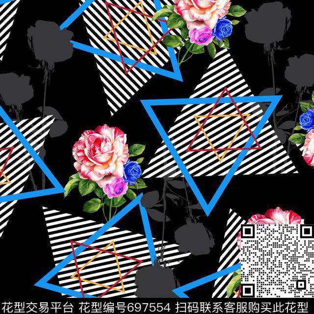 几何玫瑰.jpg - 697554 - 几何线条 三角形几何 手绘花卉 - 数码印花花型 － 女装花型设计 － 瓦栏