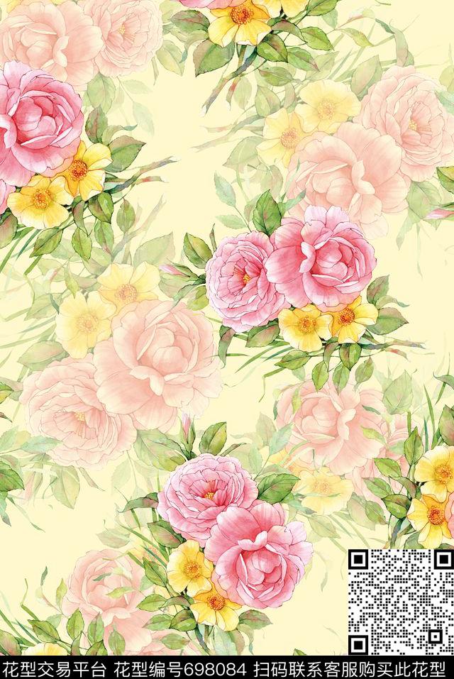 牡丹玫瑰花朵数码印花花型下载（图片编号: 698084） - 瓦栏（Walan）