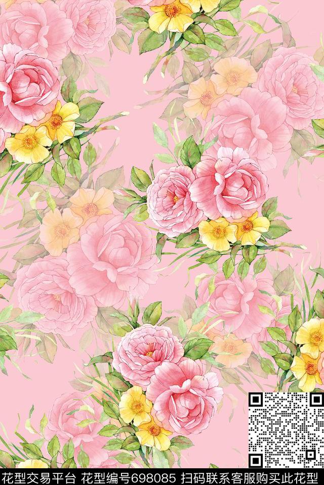 牡丹玫瑰花朵数码印花花型下载（图片编号: 698085） - 瓦栏（Walan）