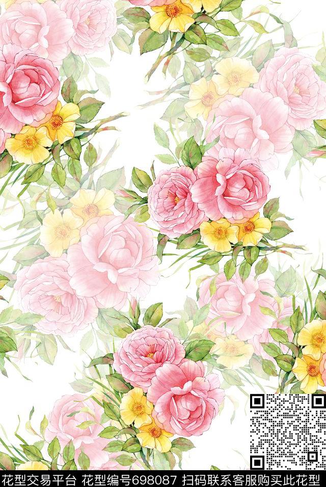 牡丹玫瑰花朵数码印花花型下载（图片编号: 698087） - 瓦栏（Walan）