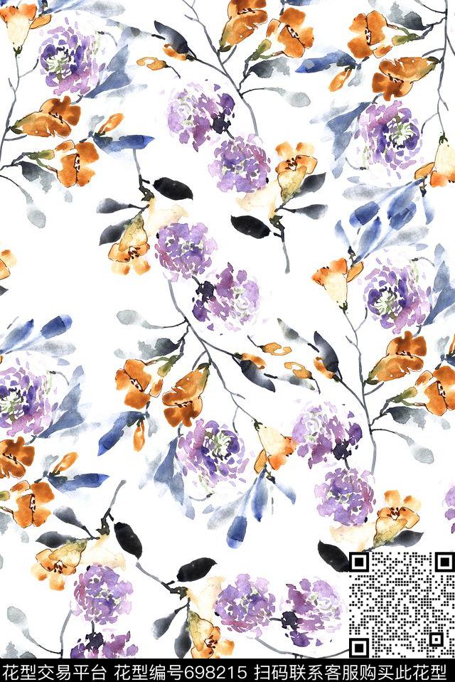 手绘满版花卉数码印花花型下载（图片编号: 698215） - 瓦栏（Walan）