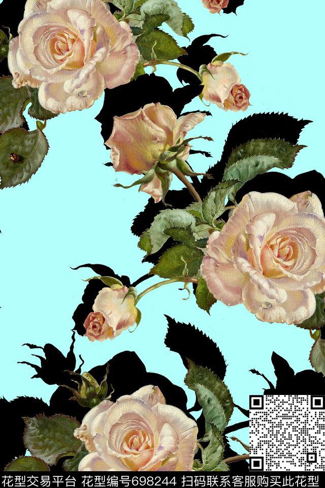 乱花大花玫瑰数码印花花型下载（图片编号: 698244） - 瓦栏（Walan）