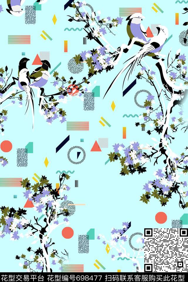 女装鸟花鸟植物数码印花花型下载（图片编号: 698477） - 瓦栏（Walan）