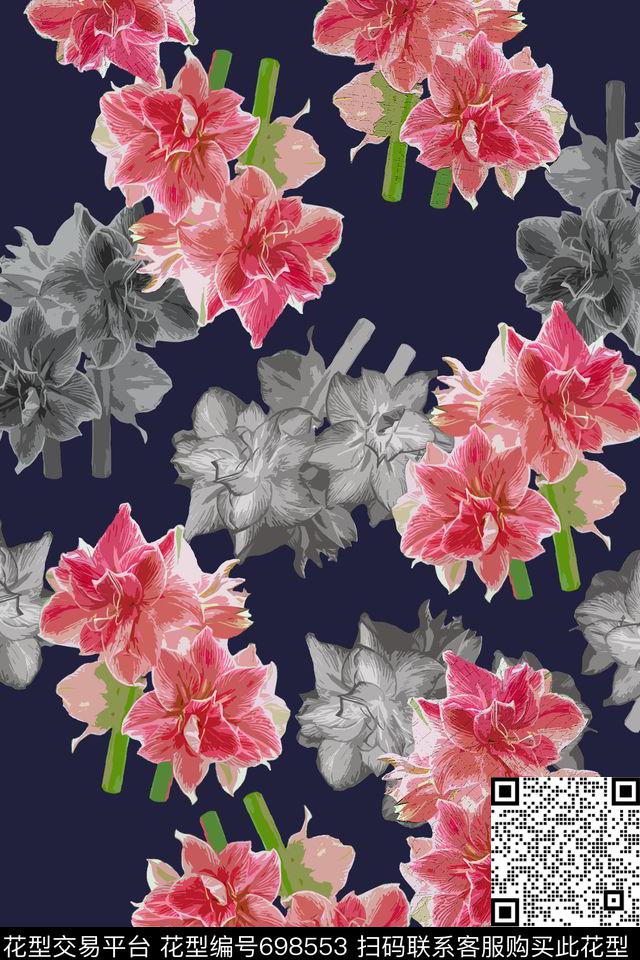 大花青蓝雅韵植物花卉数码印花花型下载（图片编号: 698553） - 瓦栏（Walan）