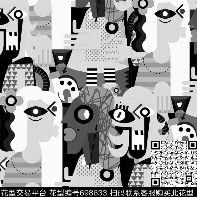 卡通人物毕加索风白.jpg - 698633 - 卡通 人物 毕加索风 - 数码印花花型 － 女装花型设计 － 瓦栏