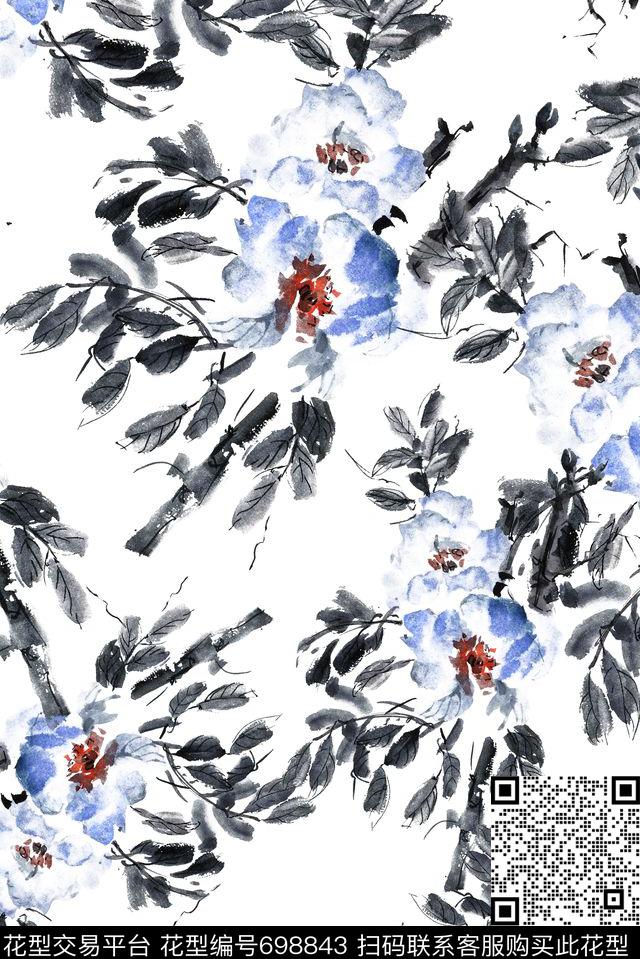 手绘水墨水彩数码印花花型下载（图片编号: 698843） - 瓦栏（Walan）