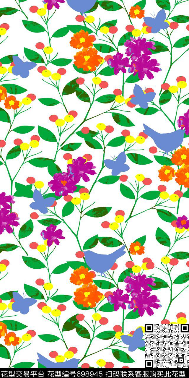 趣味花朵花枝 小鸟蝴蝶--2.jpg - 698945 - 趣味 花朵 花卉 - 传统印花花型 － 女装花型设计 － 瓦栏