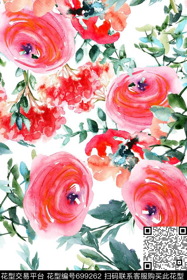 手绘水彩花卉数码印花花型下载（图片编号: 699262） - 瓦栏（Walan）