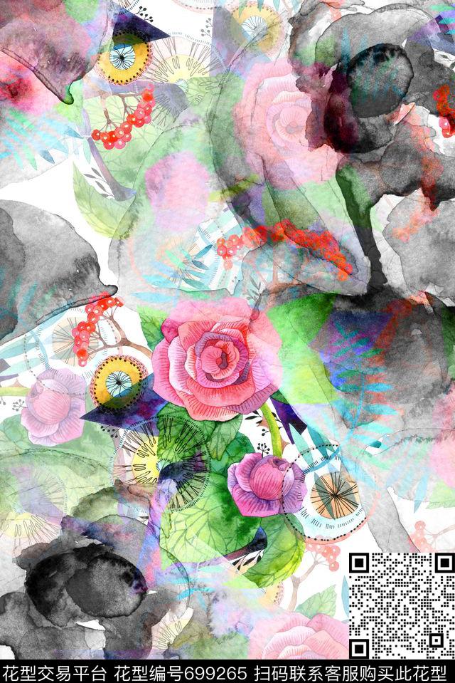 手绘水墨泼墨数码印花花型下载（图片编号: 699265） - 瓦栏（Walan）