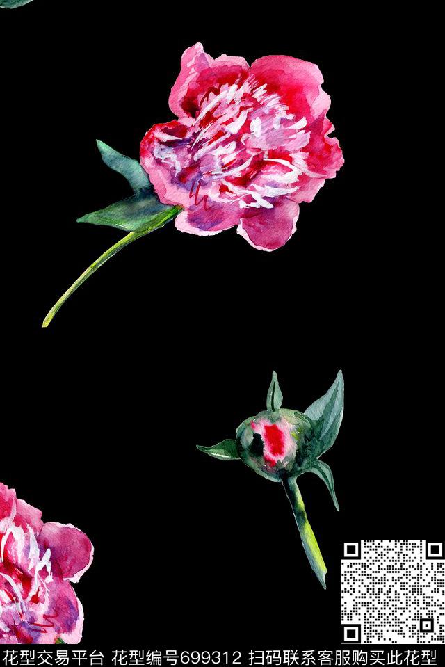 酒红绿色植物数码印花花型下载（图片编号: 699312） - 瓦栏（Walan）