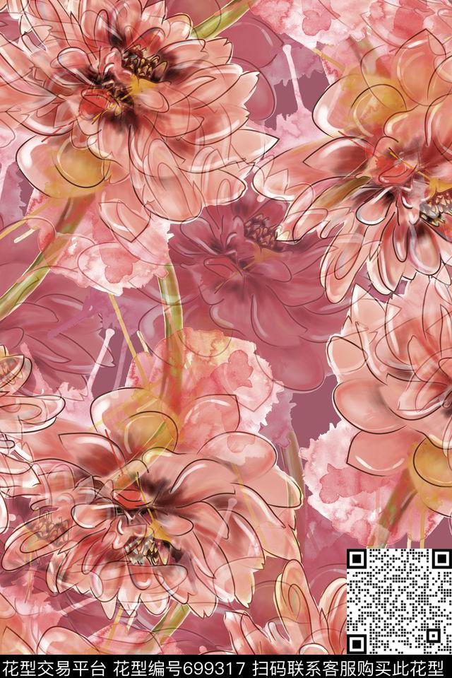 水彩朦胧花卉数码印花花型下载（图片编号: 699317） - 瓦栏（Walan）