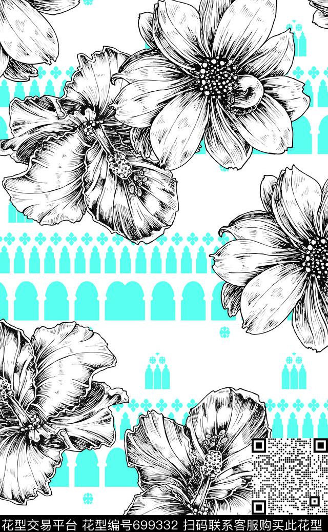 素描花白.tif - 699332 - 花朵 花卉 大花 - 传统印花花型 － 女装花型设计 － 瓦栏