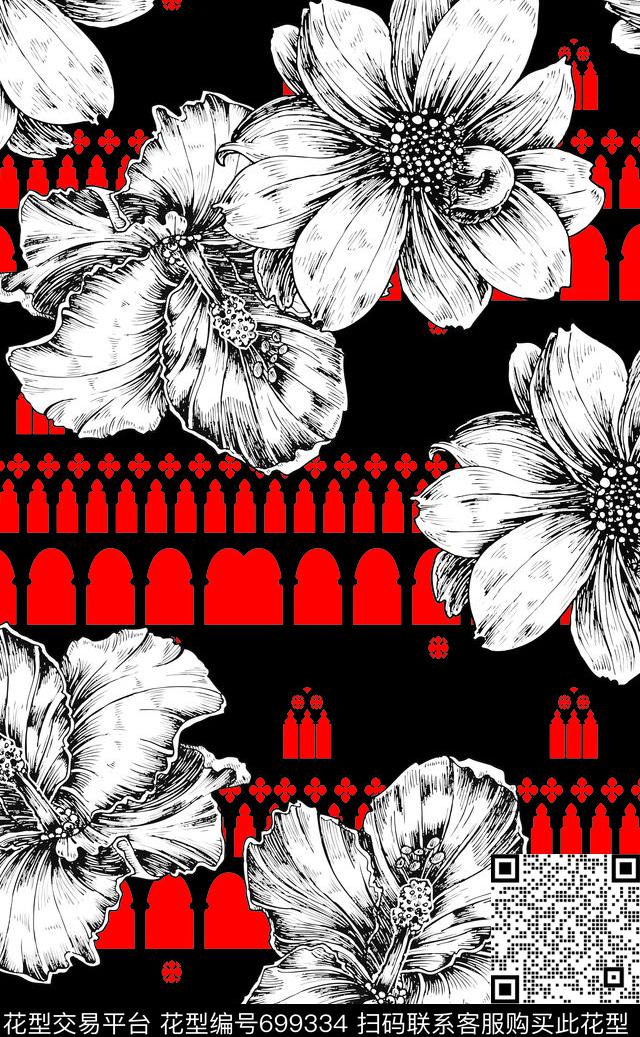 素描花黑.tif - 699334 - 花朵 花卉 大花 - 传统印花花型 － 女装花型设计 － 瓦栏