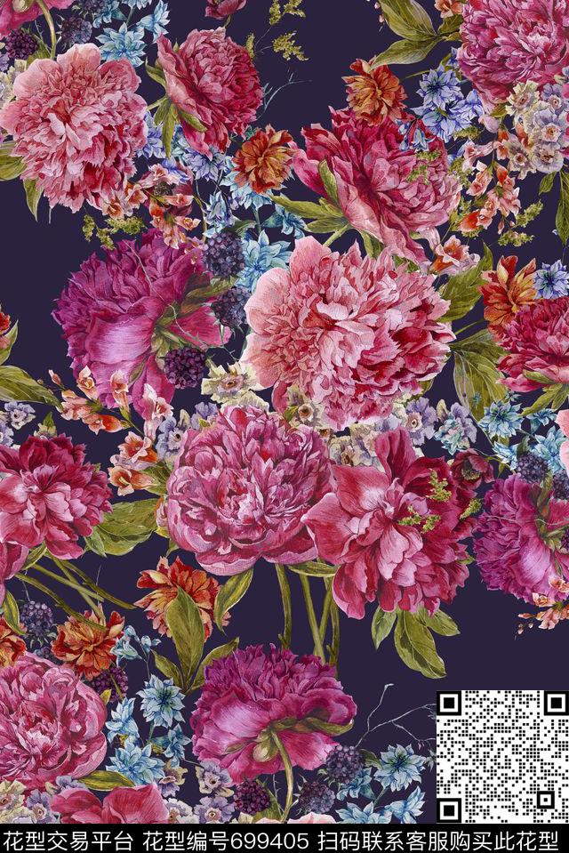 满版手绘花卉数码印花花型下载（图片编号: 699405） - 瓦栏（Walan）