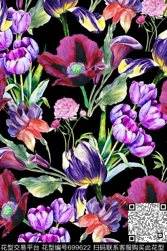 花卉乱花手绘数码印花花型下载（图片编号: 699622） - 瓦栏（Walan）