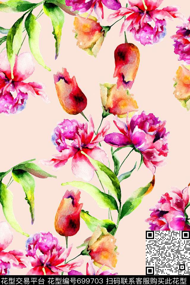 手绘散落花卉数码印花花型下载（图片编号: 699703） - 瓦栏（Walan）