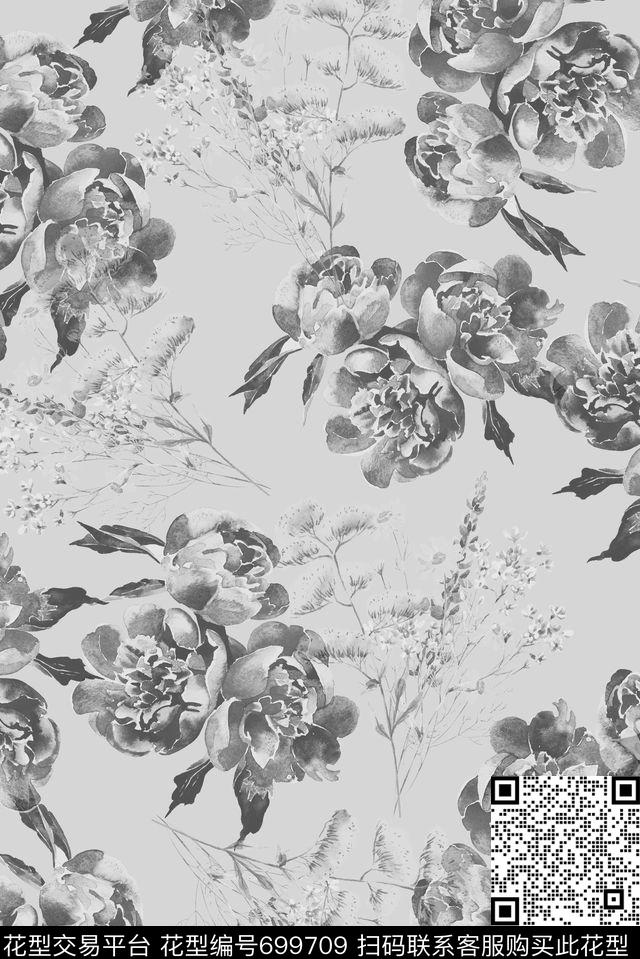 手绘黑白花卉数码印花花型下载（图片编号: 699709） - 瓦栏（Walan）