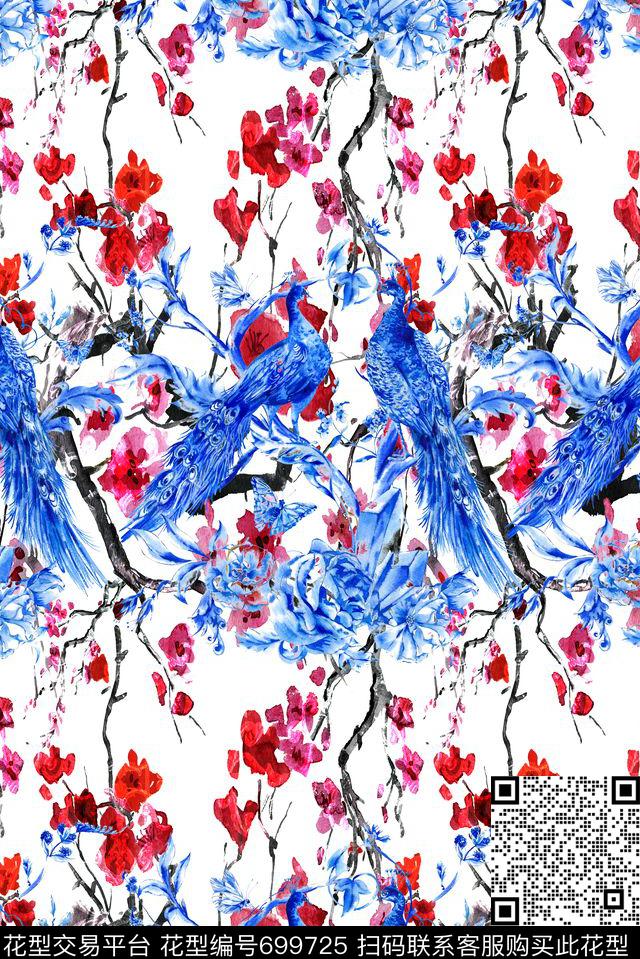 青花瓷孔雀桃花数码印花花型下载（图片编号: 699725） - 瓦栏（Walan）