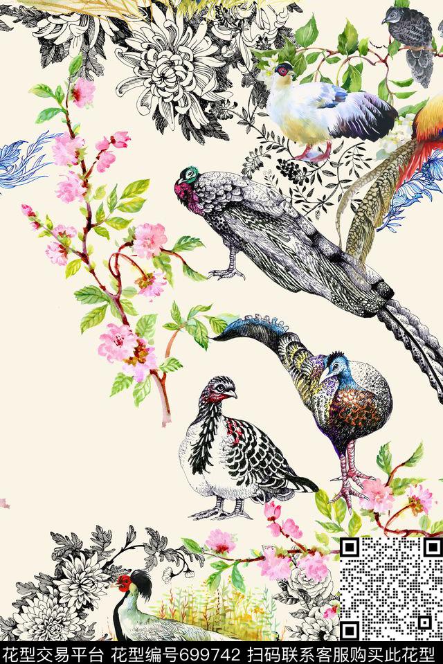 手绘线描花卉数码印花花型下载（图片编号: 699742） - 瓦栏（Walan）