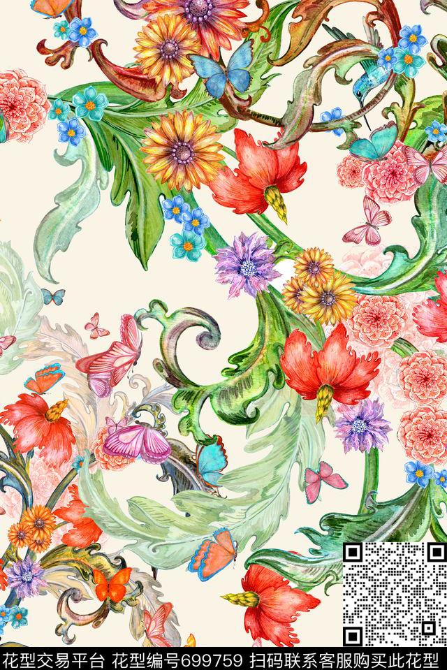 手绘花纹绿叶数码印花花型下载（图片编号: 699759） - 瓦栏（Walan）